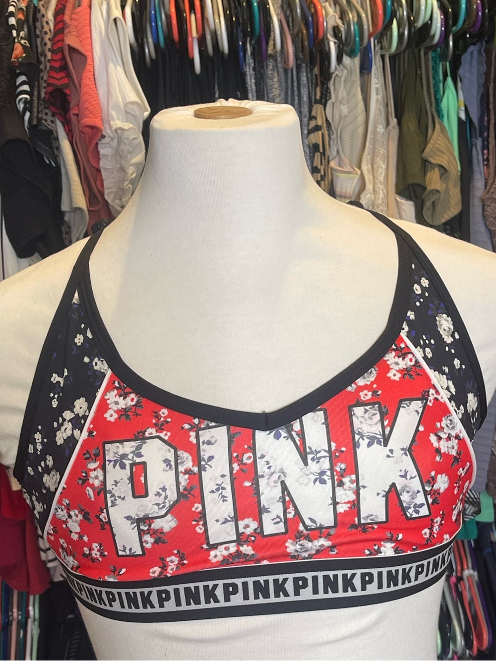 PINK Victoria's Secret Red Floral Logo Sports Bra with Black Trim